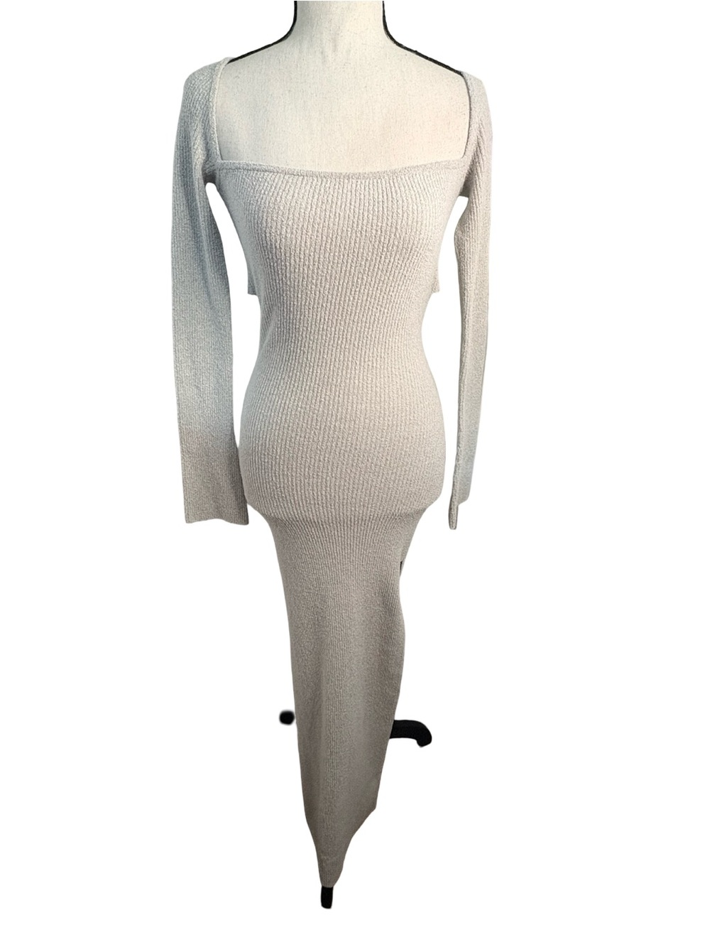 Oh Polly Signe Marl Grey Knit Open Back Bodycon Maxi Dress Size M
